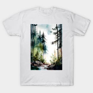 A Loose Watercolor Forest with Creek T-Shirt